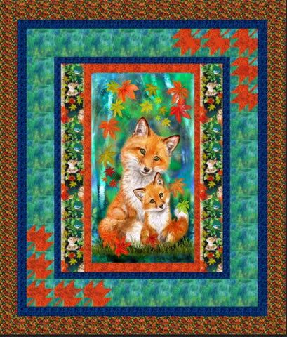 Quilt center Quilt center features  a darling little red fox and mother surrounded by falling fall maple leaves. Additional fabrics in the kit of blue, navy, rust, leaves are also shown.  Pattern available at Colorado Creations Quilting