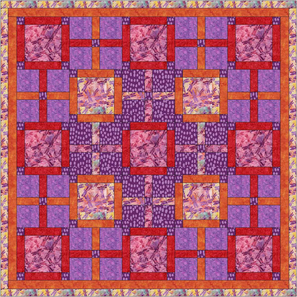 Quilt done in large blocks with narrow rectangles used for separation in purples, reds and pinks. 