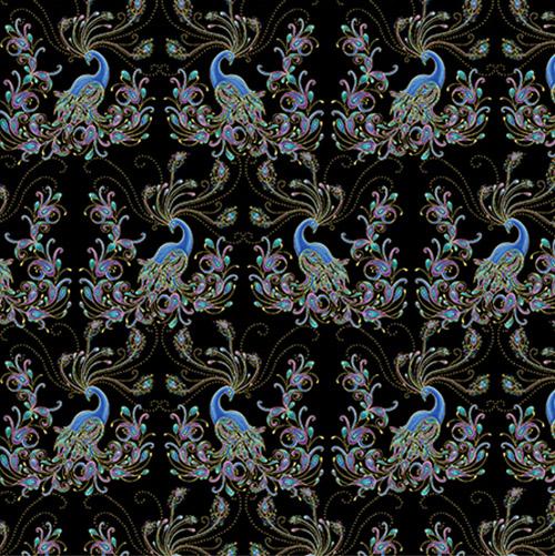 This fabric panel features a luscious rows of peacocks with awesome feathers of turquoise, blue and violet displayed on a black background