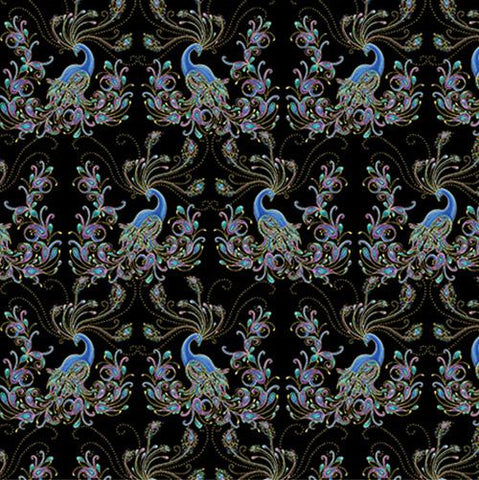 This fabric panel features a luscious rows of peacocks with awesome feathers of turquoise, blue and violet displayed on a black background