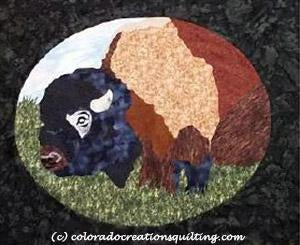 Close-up of a buffalo in an oval frame.  Quilt pattern available at Colorado Creations Quilting