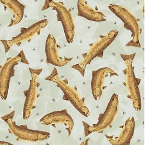 Brown Trout on Gray Cotton Fabric available at Colorado Creations Quilting