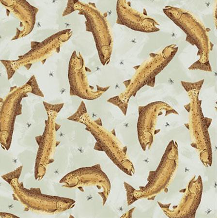 Trout on Gray Cotton Fabric