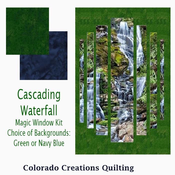 This fabric panel features waterfalls cascading over boulders in the middle of the wilderness.