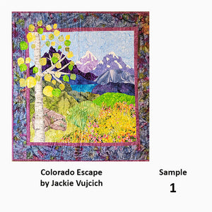 The serenity of a calm mountain lake below majestic purple mountains with wildflowers and an aspen tree invites you to escape for a while. This wall hanging designed, created and quilted by Jackie Vujcich of Colorado Creations Quilting will surely put a smile on your face each time you view it