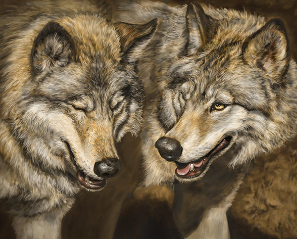 This fabric panel featuresa pair of wolves with detailed facial features. Ominous fangs really portray their wildness!