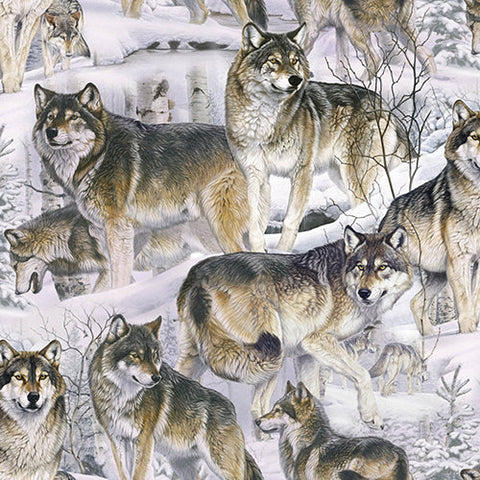 This cotton fabric features wolves in a snow-covered forest