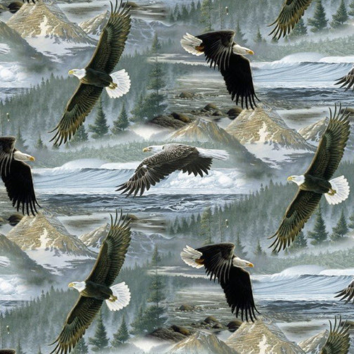 This cotton fabric features regal bald eagles soar over raging waters and among snow-covered mountains