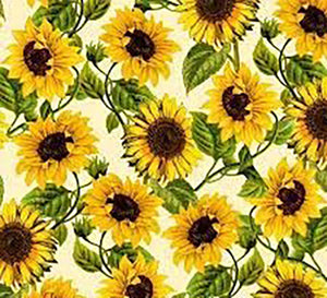 This cotton fabric features large sunflowers tossed on a cream background. 
