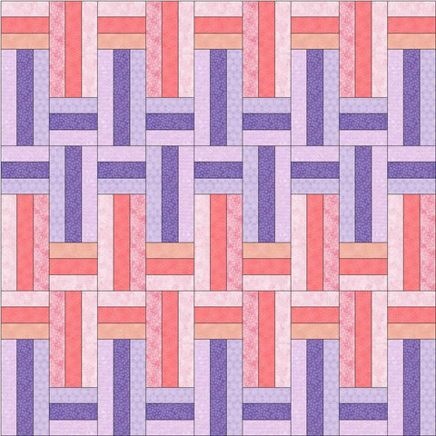 Quilt done in with alternating rectangles in purples and pinks. 