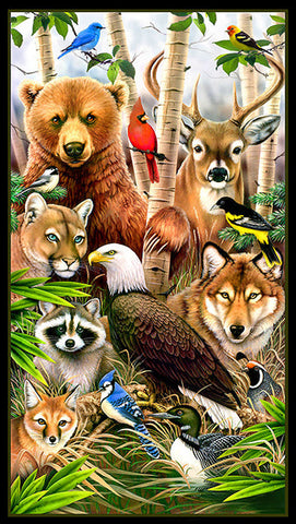 This fabric panel features group of wild animals including a bear, loon, deer, mountain lion, racoon, fox, wolf and bald eagle and other birds peer out from behind trees, leaves and shrubbery.