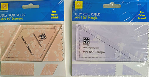 Quilting acrylic templates to make trinagles or diamonds from 2 1/2" jelly roll strips.