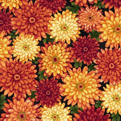 Large mums in colors of gold, and orange on a green background available at Colorado Creations Quilting