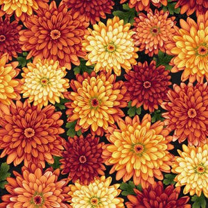 Large mums in colors of gold, and orange on a green background available at Colorado Creations Quilting