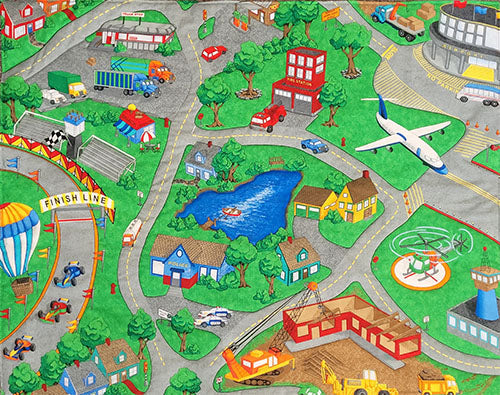 Children will have hours of fun using their imagination with this play mat. It features a speedway, airport, fire station, big trucks and more!