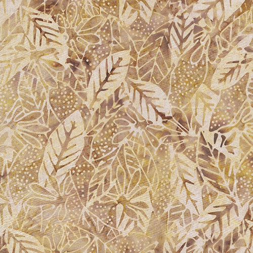 This batik tonal fabric features tan leaves on an oatmeal-colored background. 