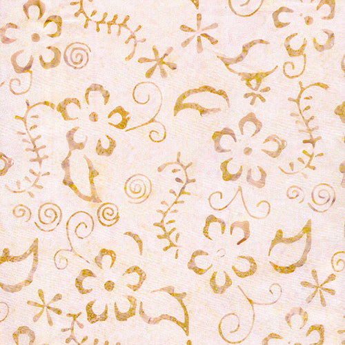 This batik fabric features tan leaves and flowers on an oatmeal-colored background. 