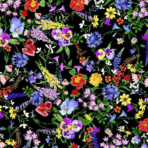 Mini flowers such as pansies, bluebonnets, daisies, iris, cone flowers to name a few are featured in this Timeless Treasures fabric.