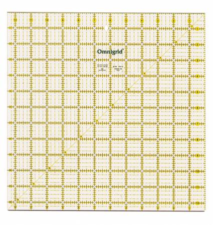 The Omnigrid 12.5in x 12.5in ruler features an extra 1/2in width for seam allowances; it is used to cut, square and trim blocks sized 12.5in and under when quilting. In general, Omnigrid square rulers are used for secondary cutting of strips, and to square up finished quilt blocks.
