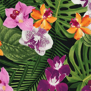 Violet and golden orchids are mixed with green banana leaves on a black background in this Timeless Treasures fabric.