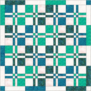 Quilt done in large blocks with narrow rectangles used for separation in white, blues and greens. 