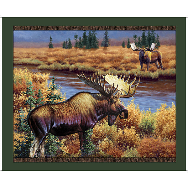 This digitally printed fabric panel features moose with full racks in their natural habitat of wild grass and stream.