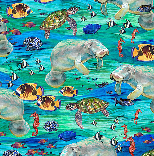 This cotton fabric features manatee and all manner of sea life like sea horses, turtles, seashells, coral and  tropical fish.