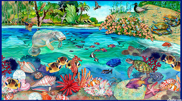 This cotton fabric panel features manatee and all manner of sea life like seashells, coral, tropical fish, and that's just below water!