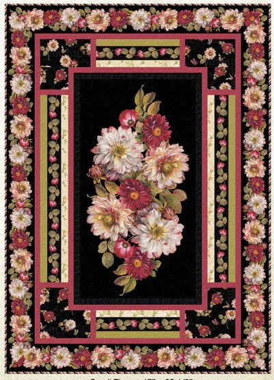 Quilt center features delicate red and white roses on a black background  surrounded by borders  in shades of pink, cranberry red, and olive greens.