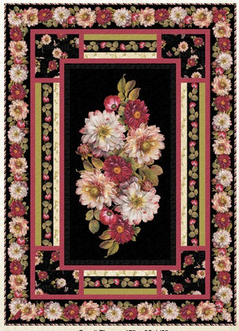 Quilt center features delicate red and white roses on a black background  surrounded by borders  in shades of pink, cranberry red, and olive greens.