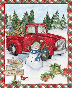 This cotton fabric features the Merry Friends Red Truck, packed with ski and snow gear. Mr. Snowman, wrapped presents and a sign post round out the scene.  It's green and red plaid border gives it that down home country feel