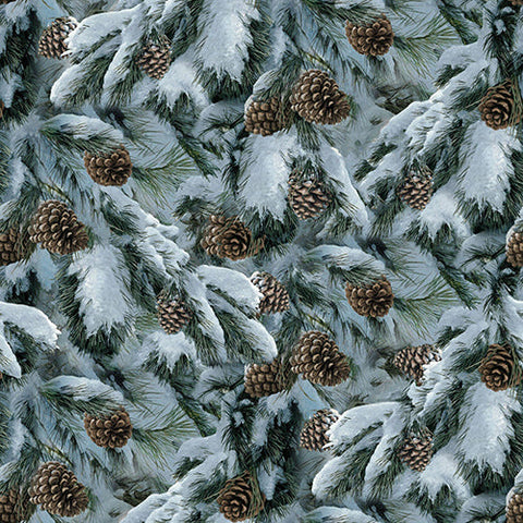 This fabric features pine cones nestled among snowy evergreen branches.