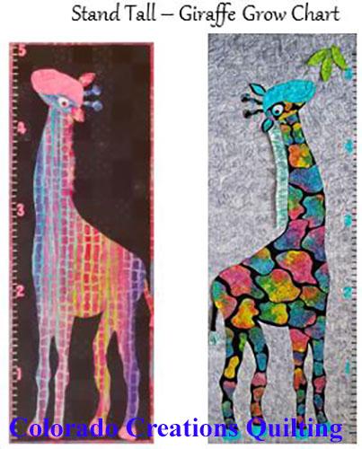 These two adorable five-foot brightly spotted giraffes in pinks, blues and yellows on a background of either black or gray in the form of a grow chart are the subjects of this quilt pattern, Stand Tall, by Jackie Vujcich of Colorado Creations Quilting.