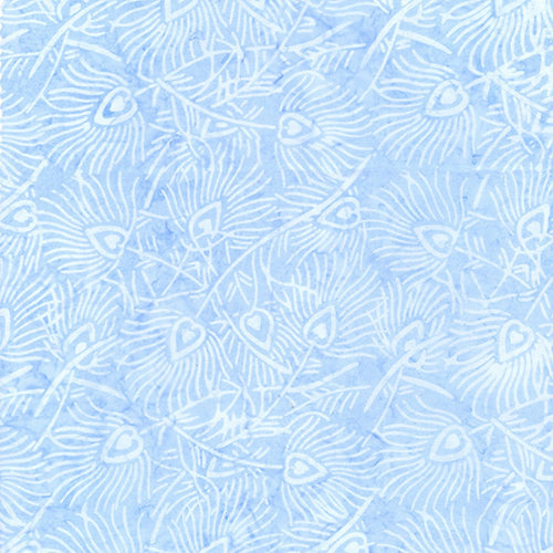 This batik cotton fabric features white feathers on a light blue background