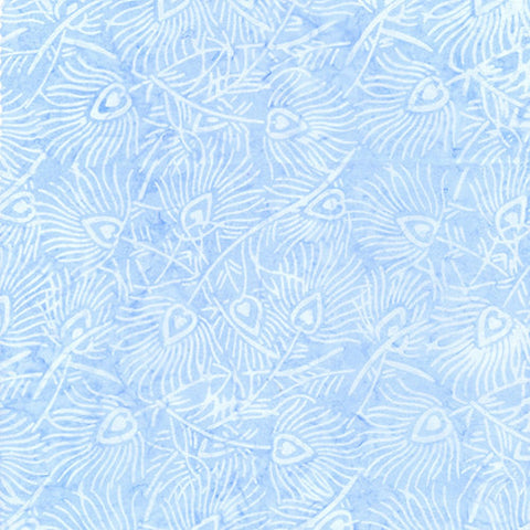 This batik cotton fabric features white feathers on a light blue background