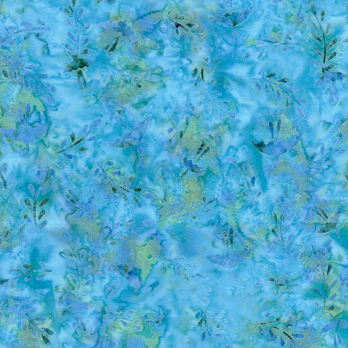 This tonal batik cotton fabric features small leafy vines on a turquoise background. 