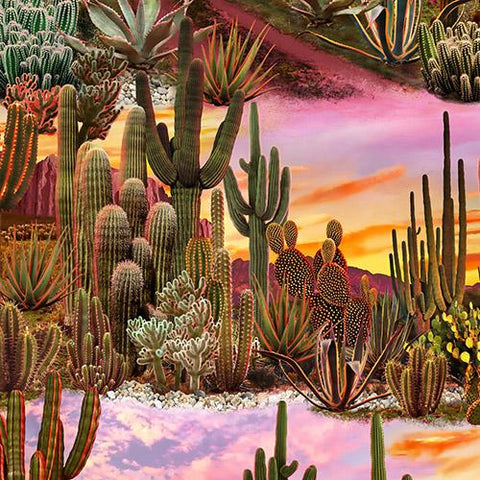 This desert scene features cacti such as barrel, sagauro, and yucca just to name a few. They are situated in front of mountains under a sunset sky of purples and golds.