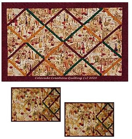 Display of all fabrics (wine print, red, green, gold) needed for Tuscan Memories quilt pattern by Jackie Vujcich of Colorado Creations Quilting