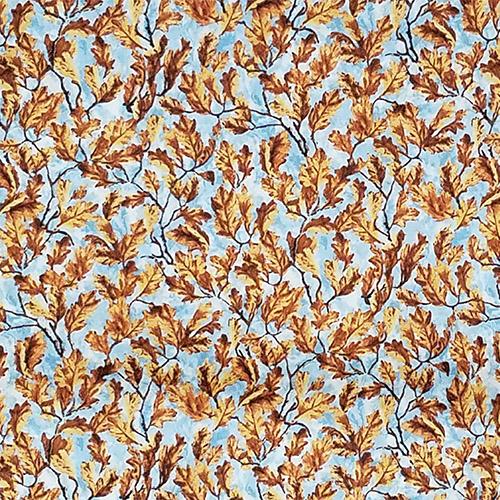 Golden Leaves on a blue background cotton fabric available at Colorado Creations Quilting