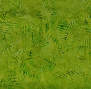 This batik fabric features palm fronds in bright lime green. Available at Colorado Creations Quilting