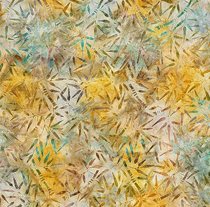 This batik cotton fabric features bamboo trunks and leaves in shades of tan, gray, teal-blue. Available at Colorado Creations Quilting