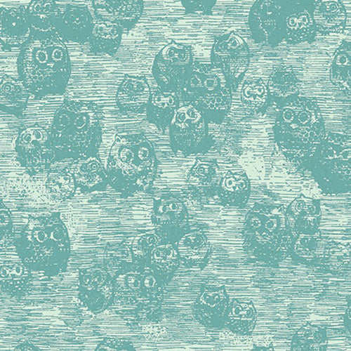 This cotton fabric features Owls on Aqua blue.