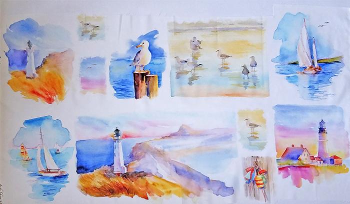 3 Wishes fabric panel of watercolored images such as sailboats, light houses, seagulls and sand pipers.  Available at Colorado Creations Quilting