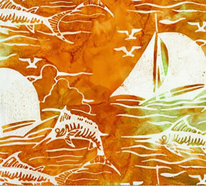 This cotton batik fabric features sailboats and marlin in rich orange and yellow. Available at Colorado Creations Quilting