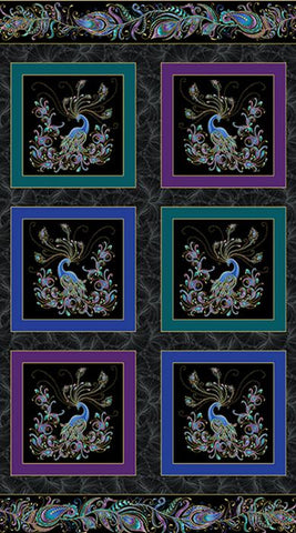 This fabric panel features 6 luscious peacocks with glorious feathers in turquoise, blue, violet and displayed on a black background to really make them pop.  Metallic gold really adds elegance to the panel. Each peacock is framed in teal, blue, or violet