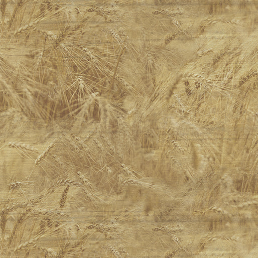 This cotton fabric features tan wheatfields
