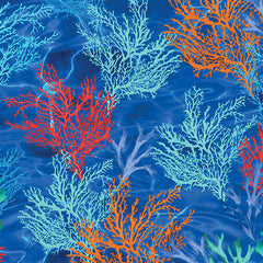 Oceana Colorful Coral on Navy Cotton Fabric