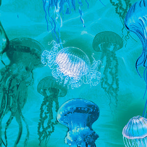 This cotton fabric featuring iridescent jellyfish in shades of blue and green 