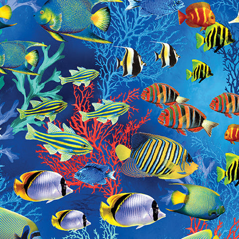 This cotton fabric featuring magnificent tropical fish swimming among the coral 