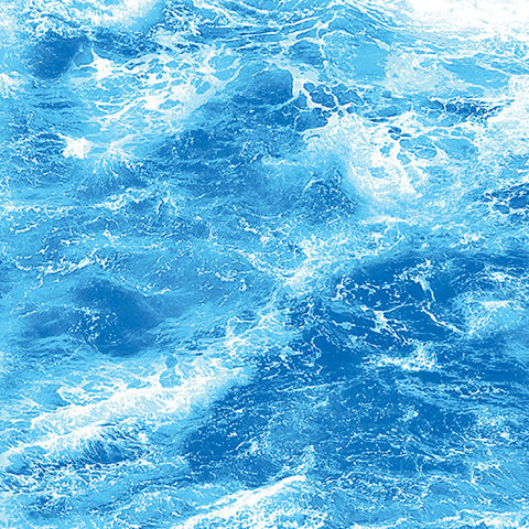 This cotton fabric features aqua blue ocean waves